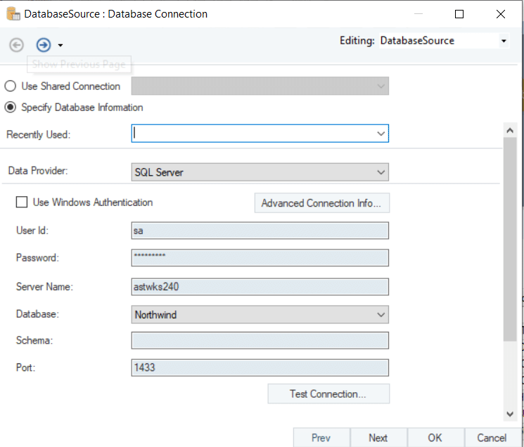 Configuring connection to SQL Server Source