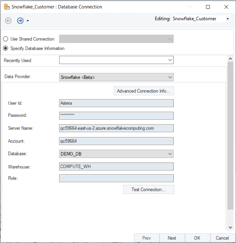 Figure 2: Configuring connection to the Snowflake database