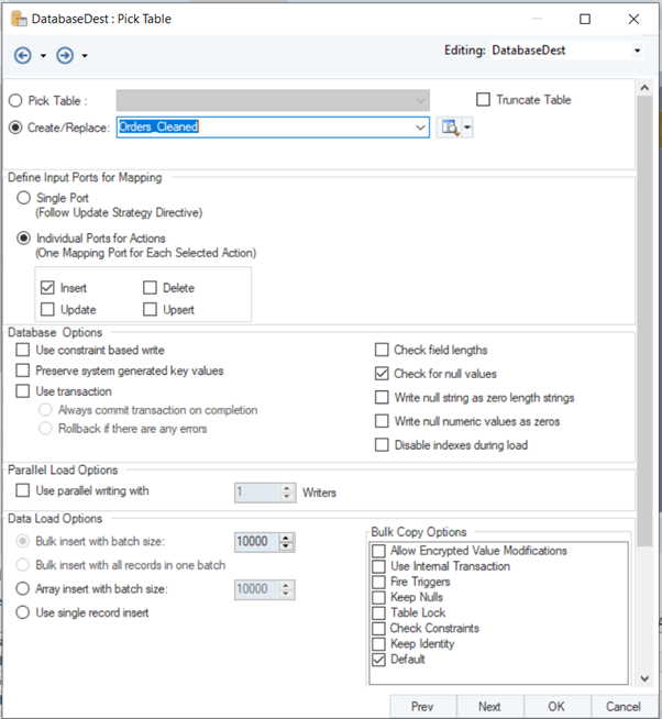Picking the Oracle database destination table 