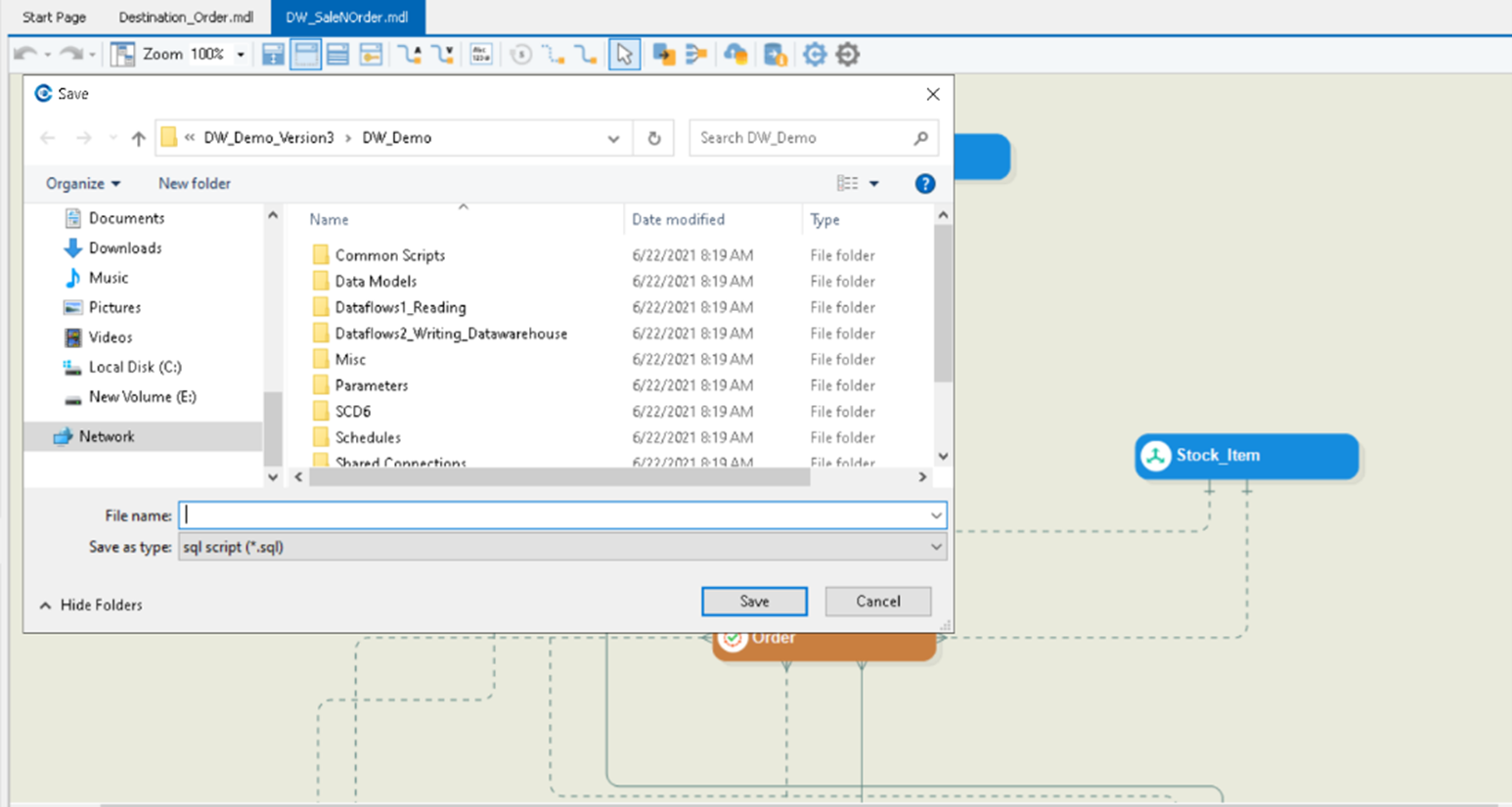 Choose the directory path and script name when selecting forward engineering