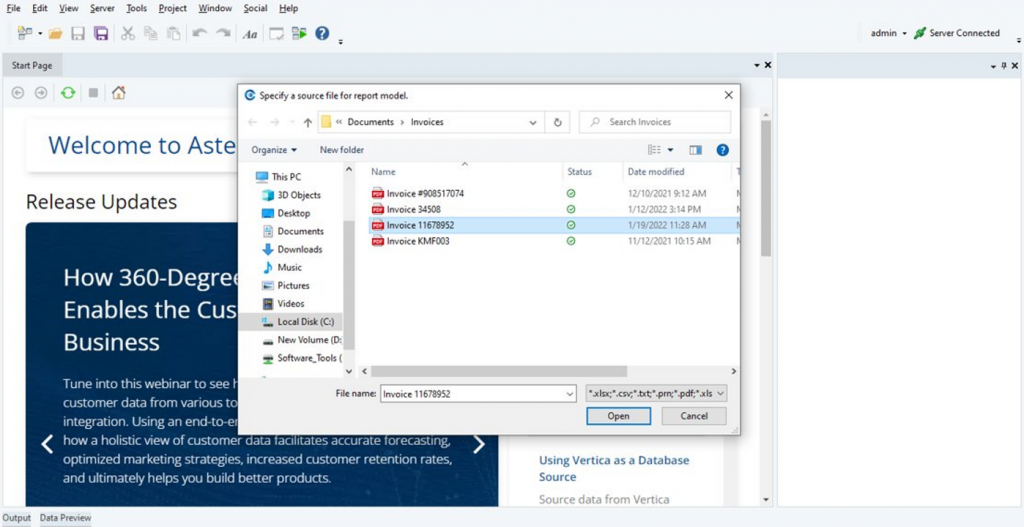 Choosing the file in ReportMiner