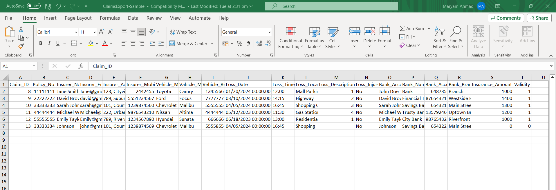 Completely Processed Data in an Excel File