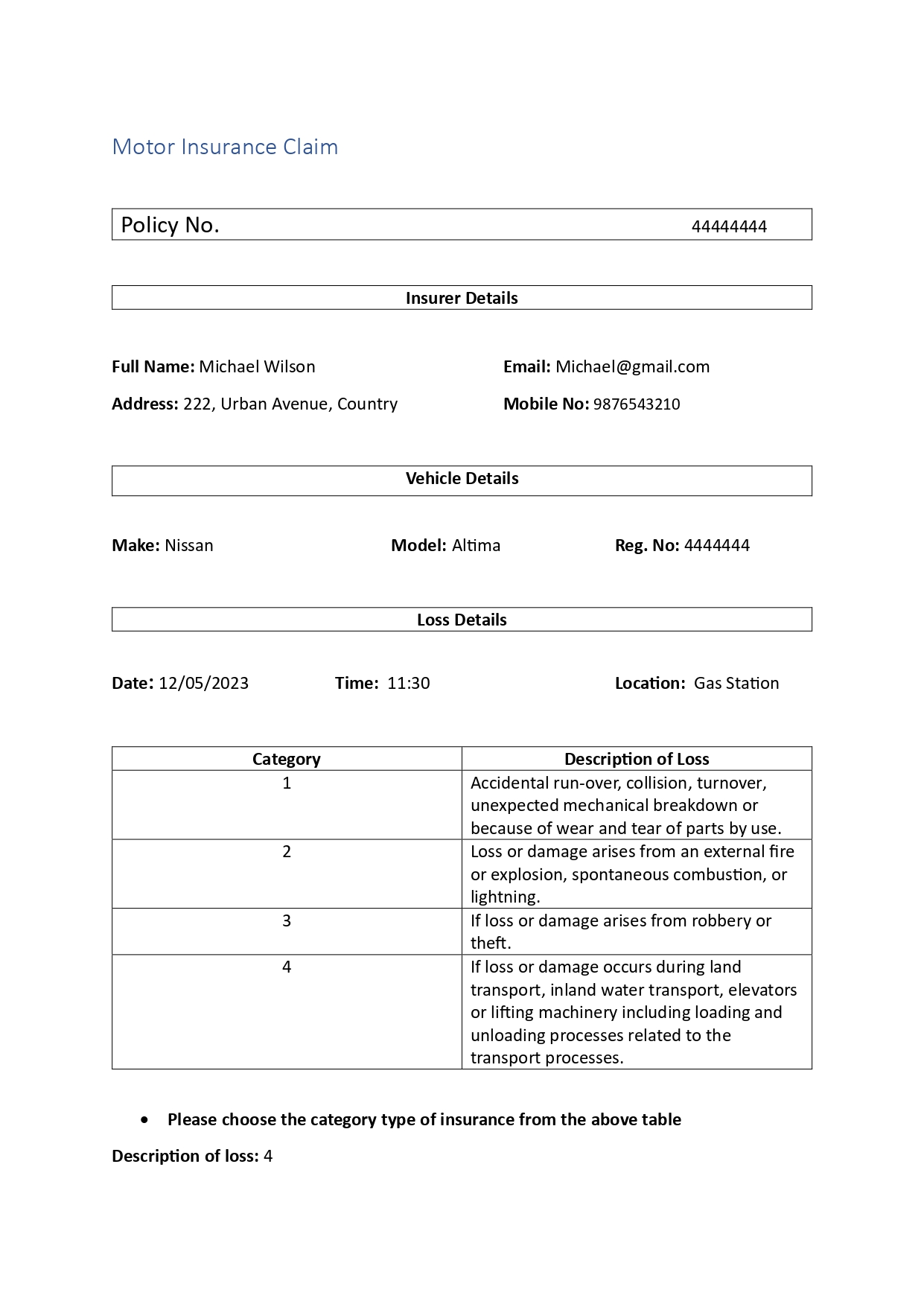 Auto Insurance Claim Form 1