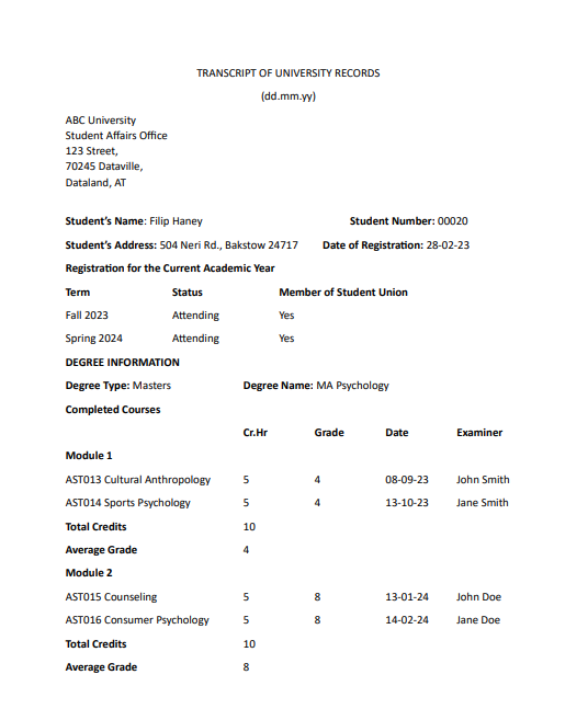 A sample transcript used for transcript processing in Astera.
