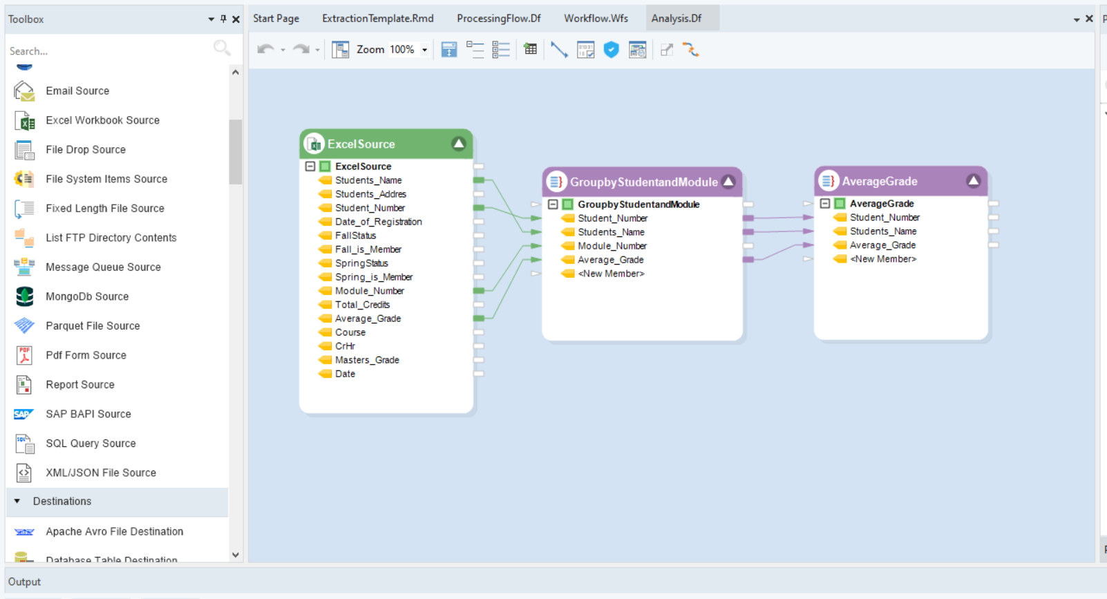 Processing transcript data to find average grades in Astera,