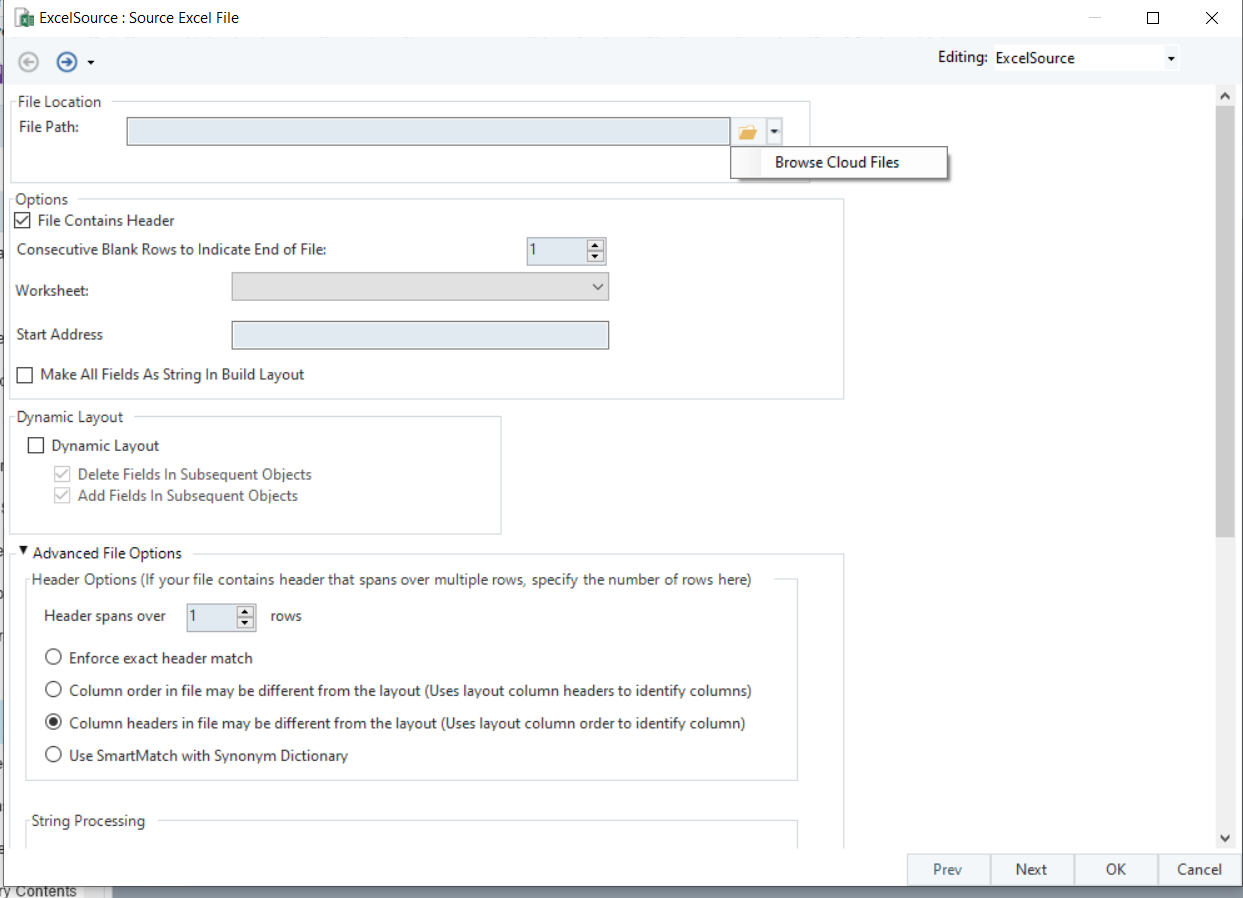 Configuring an ExcelSource object in Astera