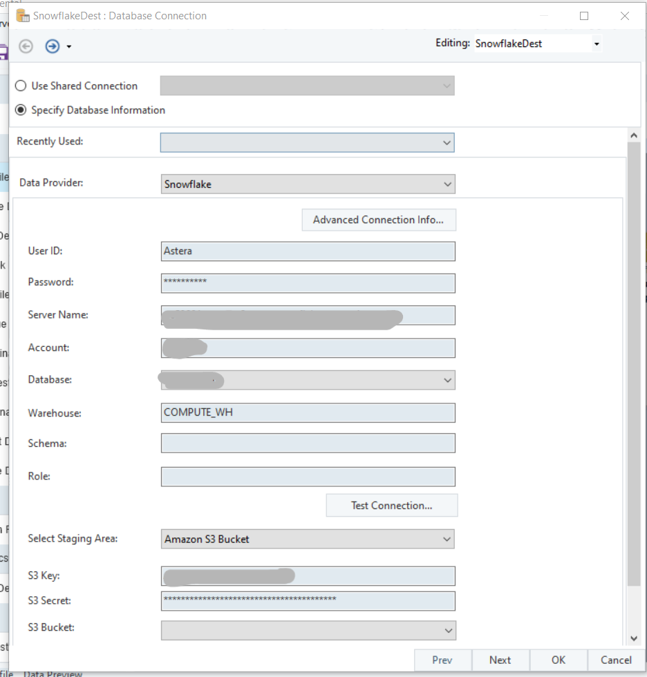 Configuring a Snowflake Destination object in Astera.