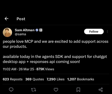 A screenshot of a tweet by Sam Altman (@sama) about OpenAI launching support for MCPs.
