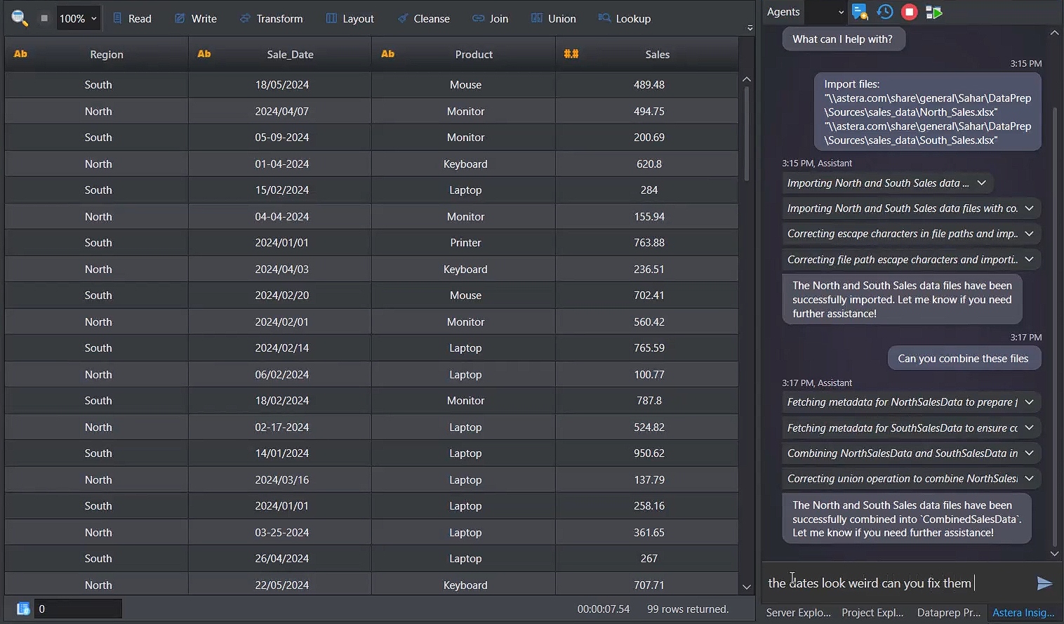 Data cleaning using Astera AI's chat-based interface